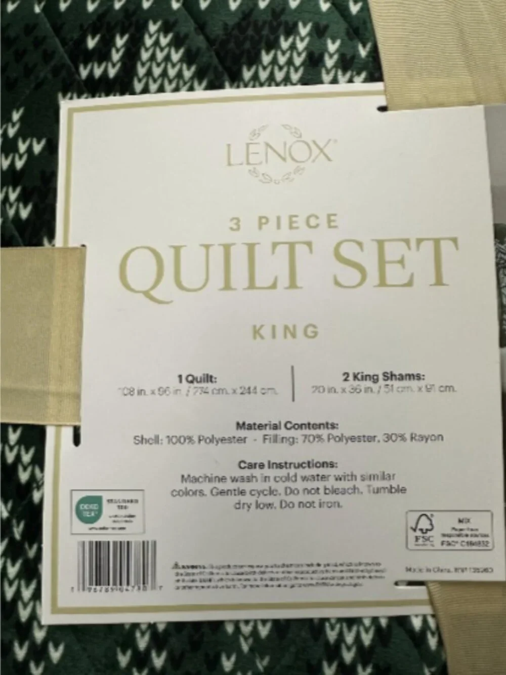 Lenox 3 Piece Quilt Set King Green Fair Isle Quilted Bedding Shams Holiday New